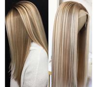 Shein Peluca recta rubia ombre mezclada con color marrón y rubio con frente de encaje para mujeres, Resalta la peluca sintética