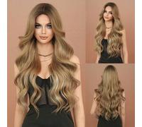 Shein Peluca rizada extra larga color castaño claro con raya al medio de color dorado mezclado, peluca de fibra sintética de onda corporal extra larga de 32