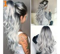 Shein Peluca rizada ombré de negro a gris de 26", fibra sintética resistente al calor, larga y adecuada para mujeres, con raya al medio y esponjosa, apta pa