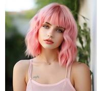 Shein Peluca rosa de 14 pulgadas estilo Bobo Head, de material compuesto, apta para uso diario de las mujeres