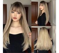 Shein Peluca rubia de estilo ombré elegante, pelucas rectas para mujer, peluca sintética rubia de estilo ombré con flequillo, elegante y bella peluca sintét
