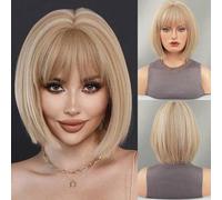 Shein Peluca rubia de lino tipo bob de 12 pulgadas para mujeres, moda modesta, peluca recta corta con flequillo, mezcla de rubio y beige con reflejos, peluc