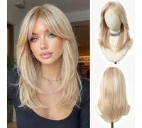 Shein Peluca rubia platino de 18 pulgadas, peluca de cabello liso largo para mujeres con flequillo, peluca sintética resistente al calor de platino con capa