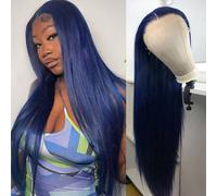 Shein Peluca sintética con encaje frontal de 13x4, cabello liso de 26 pulgadas de largo, textura suave y sedosa, densidad del 150%, color azul marino