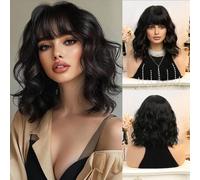 Shein Peluca sintética de 14 pulgadas con flequillo corto rizado de color negro natural y multicolor, adecuada para uso diario, fiestas, Navidad y otras oca