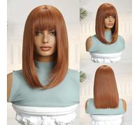 Shein Peluca sintética de 16 pulgadas con flequillo, pelo hermoso y romántico para mujeres, cabello sintético liso color marrón natural y naranja para fiest
