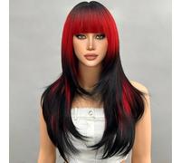 Shein Peluca sintética de 26 pulgadas de largo, con flequillo, de color rojo y negro, pelo lacio, natural, suave y hermoso, adecuada para uso diario, fiesta