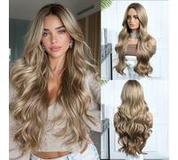 Shein Peluca sintética de 28 pulgadas de largo con degradado marrón, cabello rizado con raya al medio, adecuada para uso diario de mujeres, fiestas de disfr