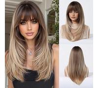 Shein Peluca sintética larga y recta de 22 pulgadas con flequillo, color marrón ombre dorado, fibra resistente al calor, color negro natural, para uso diari