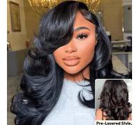 Shein Pelucas de cabello 100% humano Bye Bye Slip Wig con capas desflecadas y raya lateral izquierda, densidad del 200%, peluca Bob con tiras de silicona se