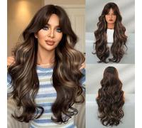 Shein Pelucas onduladas y rizadas de 28 pulgadas de largo para mujeres, peluca mixta rubia resaltada con ondas corporales y flequillo en la cortina, raíces