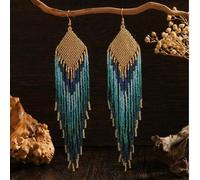 Shein Pendientes de borlas de cuentas de semilla azul turquesa degradado con parte superior dorada, tejidos a mano en forma de rombo de pieza completa, pend