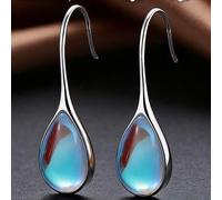 Shein Pendientes de gota de piedra lunar de plata esterlina S925, pendientes colgantes largos minimalistas de gema iridiscente azul aurora para mujer, uso d