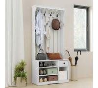 Shein Perchero con banco zapatero, armario, perchero, armario de pasillo con 7 ganchos y cajón de tela, para pasillo y salón, zapatero, 80x35x180cm, blanco