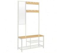 Shein Perchero, Mueble Recibidor con Ganchos, Espejo, Banco Zapatero y Estantes, 36 x 98 x 185 cm, para Pasillo Dormitorio Salón, Roble y Blanco