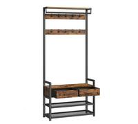 Shein Perchero Recibidor, Mueble de Entrada con 10 Ganchos Extraíbles, 2 Cajones, Banco Zapatero, Diseño Separable, 30 x 80,4 x 181,6 cm, Marrón Rústico y N