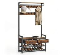 Shein Perchero Recibidor, Mueble de Entrada con 10 Ganchos Extraíbles, 2 Cajones, Banco Zapatero, Diseño Separable, 30 x 80,4 x 181,6 cm, marrón Rústico y N