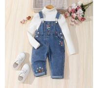 Shein Peto de mezclilla suave lavada con bordado floral lindo, moda diaria popular para niña bebé