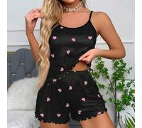 Shein Pijama de mujer conjunto de 2 piezas top de tirantes y shorts, estampado de amor, escote redondo, top con espalda descubierta y ribete de lechuga, sed