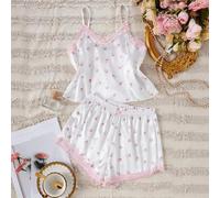 Shein Pijama para niñas - Conjunto de 2 piezas con camiseta de tirantes con encaje y parches, y shorts a rayas, adecuado para uso en interiores/hogar en ver
