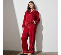 Shein Pijamas de Navidad & Año Nuevo Rojo & Burdeos Básico de Satén con Botones Conjunto de Pijama Largo para Dama de Honor Conjuntos de Estar en Casa para