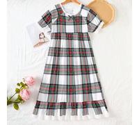 Shein Pijamas para adolescentes - Camisón de verano a cuadros de manga corta, cuello redondo, longitud hasta la rodilla, con adorno de encaje y lazo, materi