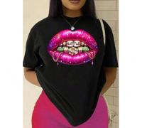 Shein Pink Lips & Dollars Graphic Print T-shirt, Casual Short Sleeve Crew Neck Top For Spring & Summer, Women's Clothing