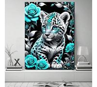 Shein Pintura de diamante de animales estilo leopardo azul lindo para decoración de pared y el hogar, kit de bordado de punto de cruz de mosaico de diamante