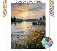 Shein Pintura de diamantes 5D DIY, kit de pintura de diamantes con bello paisaje junto al río, pintura de diamantes completa, idea de regalo única para amig