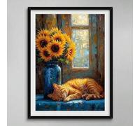 Shein Pintura de diamantes 5D | Hermoso kit de mosaico de escena soleada, luz del sol brillando sobre girasoles, un gatito durmiendo. Juego de pintura de di