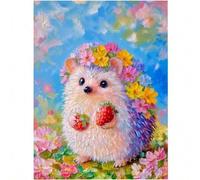 Shein Pintura de diamantes de 5D con escena de erizo pequeño, erizo lindo con flores rosas y fresas, decoración de mosaico de punto de cruz