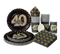 Shein Placas, servilletas y vasos desechables con lunares negros y dorados para el 40th cumpleaños - Sirve a 25 invitados. Vajilla de un solo uso para cumpl