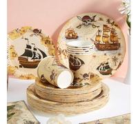 Shein Platos, servilletas y vasos desechables con diseño de mapa del tesoro pirata - Set para 25 invitados, adecuado para fiesta de cumpleaños, picnic famil