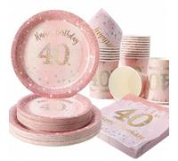 Shein Platos, servilletas y vasos desechables con fondo rosa y rhinestones dorados con el texto "Feliz 40 cumpleaños" - Suministros para fiesta de cumpleaño