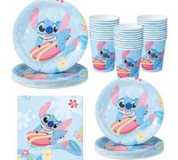 Shein Platos, servilletas y vasos desechables con tema de Stitch surfista de Disney, suministros para fiesta con platos, servilletas y vasos de Stitch surfi