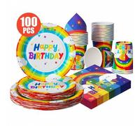 Shein Platos, servilletas y vasos desechables de Feliz Cumpleaños con arcoíris de nubes - Set de suministros para fiestas de un solo uso, para 25 invitados,