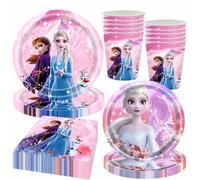 Shein Platos, vasos, servilletas, vajilla desechable con temática de Frozen Elsa y Anna de Disney en color rosa, adecuado para campamentos, barbacoas y otra