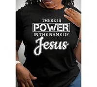 Shein Plus Size Casual Crew Neck T-Shirt with "There is Power in the Name of Jesus" Print - Soft Cotton Knit, Short Sleeve, Relaxed Fit for Women