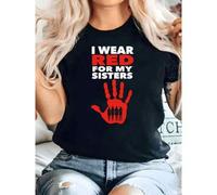 Shein Plus Size Women's Graphic Tee - "I Wear Red For My Sisters" Design, Casual Loose Fit Short Sleeve Top, Black With Red & White Print, Lightweight Polye