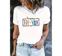 Shein [Polyester Casual Spring Tee] Women'S Casual Crew Neck T-Shirt, Polyester Knit Fabric, Regular Length, with Happy Fri-Yay Alphabet Print, for Spring/S