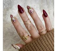 Shein Ponte glamorosa con 24 uñas postizas de forma de almendra de tamaño mediano. Uñas falsas elegantes y encantadoras de color rojo vino oscuro sólido par