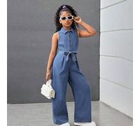 Shein Preadolescente Niña Primavera Verano Mono de mezclilla holgado con diseño de lazo y cintura retorcida con cuello alto, Shorts de estilo boho para vaca
