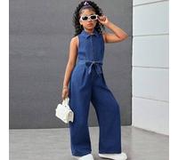 Shein Preadolescente Niña Primavera Verano Mono de mezclilla holgado con diseño de lazo y cintura retorcida con cuello alto, Shorts de estilo boho para vaca