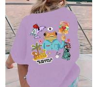 Shein Puerto Rico, Estampado de rana y conejito "DtMF", Camiseta ajustada para mujer, Top de verano, Serie K-Pop Warrior, Top de algodón, Ropa para mujer, R