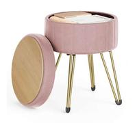 Shein Puff Almacenaje, Baul Almacenaje, Banco Almacenaje Redondo, Taburete de Tocador de Terciopelo, 39 x 44,4 cm, 4 Patas de Metal, Asiento Acolchado, Rosa