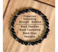 Shein Pulsera de protección de piedra natural vintage, cuentas de turmalina negra y obsidiana, pulsera elástica de 6 mm, aporta una energía de arraigo y pro