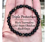 Shein Pulsera protectora triple de 1 pieza con turmalina negra de 6 mm, obsidiana dorada y ónix negro, pulsera elástica de 6 mm, piedras preciosas naturales