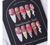 Shein Puntas de uñas de estilo francés Y2K de color rosa hecho a mano con estiletes largos, decoradas con flores de rosa hechas a mano en 3D, remolinos de c