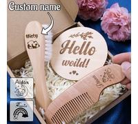 Shein Regalos personalizados para bebés, Juego de cepillo y peine personalizado con nombre, Cepillo de bebé de madera personalizable, Tarjeta de hitos de ma