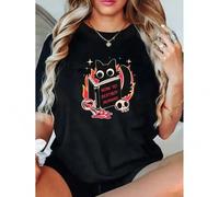Shein Regular Size Women's Casual Graphic T-Shirt - Black Cat Reading Book & "How to Destroy Humanity" Print, Soft Stretch Short Sleeve Round
